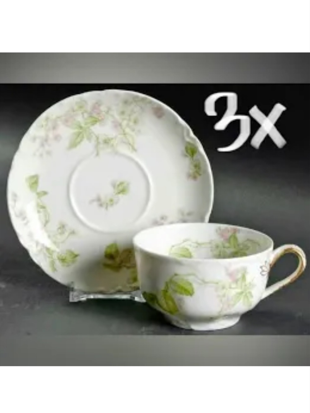 3 Limoges Haviland Schleiger 62 Montebello Floral Cup & Saucer Sets, Green Pink